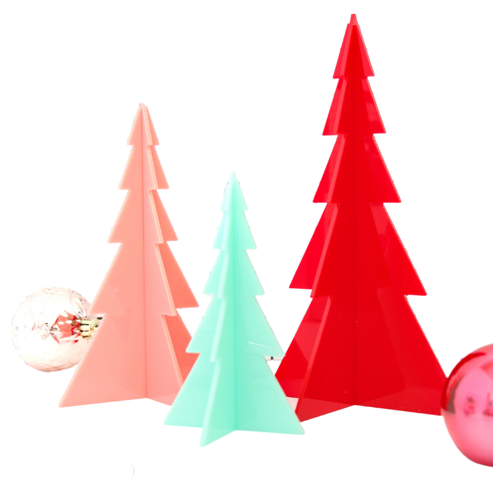 Red, Light Pink, and Mint Acrylic Tree Christmas Decor - Set of 3