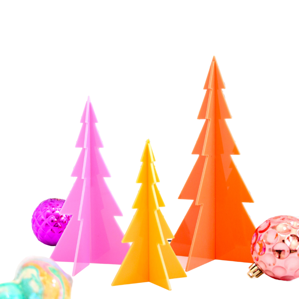Pink Coral, & Golden Yellow Acrylic Tree Christmas Decor - Set of 3