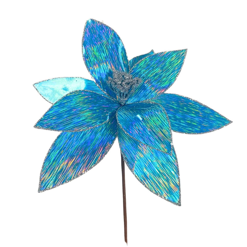 Decorative blue flower with metallic sheen on a white background
