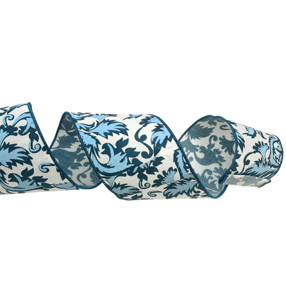 Blue and white patterned ribbon on a white background