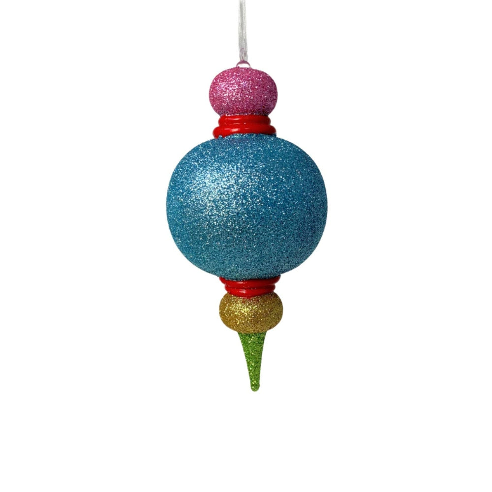 Multicolored glittery Christmas ornament on a white background