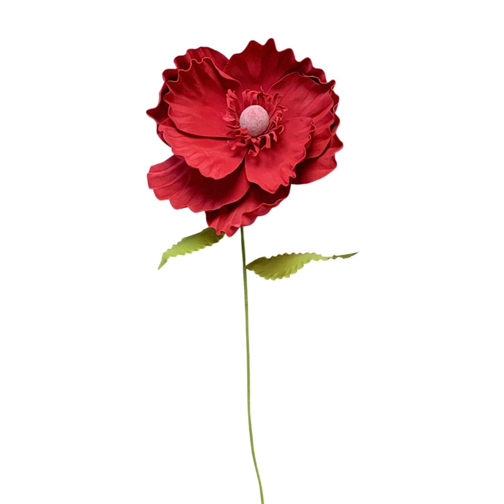 Red flower with green stem on a white background