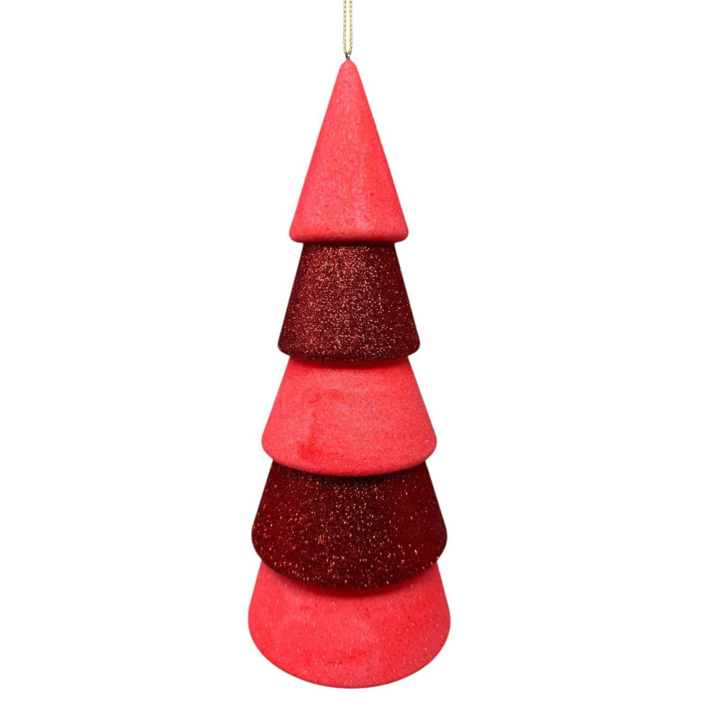 Stacked cone-shaped ornament with red and glittery red colors on a white background