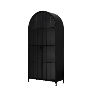 Black armoire with curved top on a white background