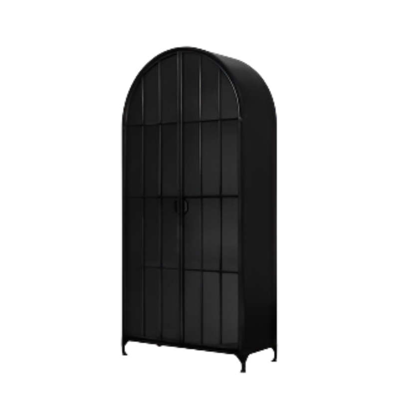 Black armoire with curved top on a white background