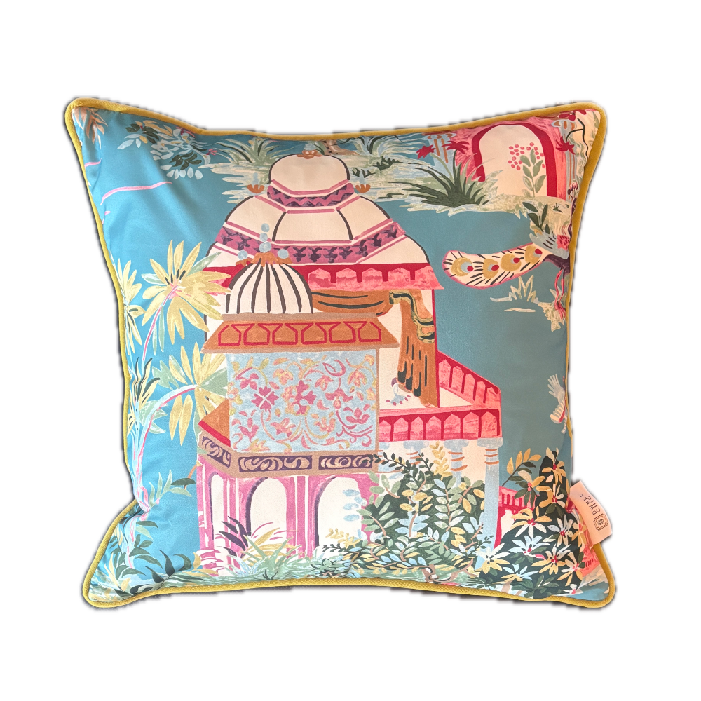 Decorative pillow with colorful design on a white background
