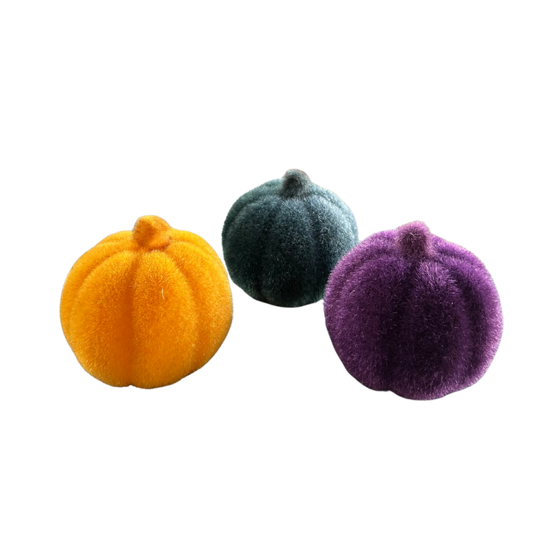 Three colorful pumpkins (yellow, green, purple) on a white background