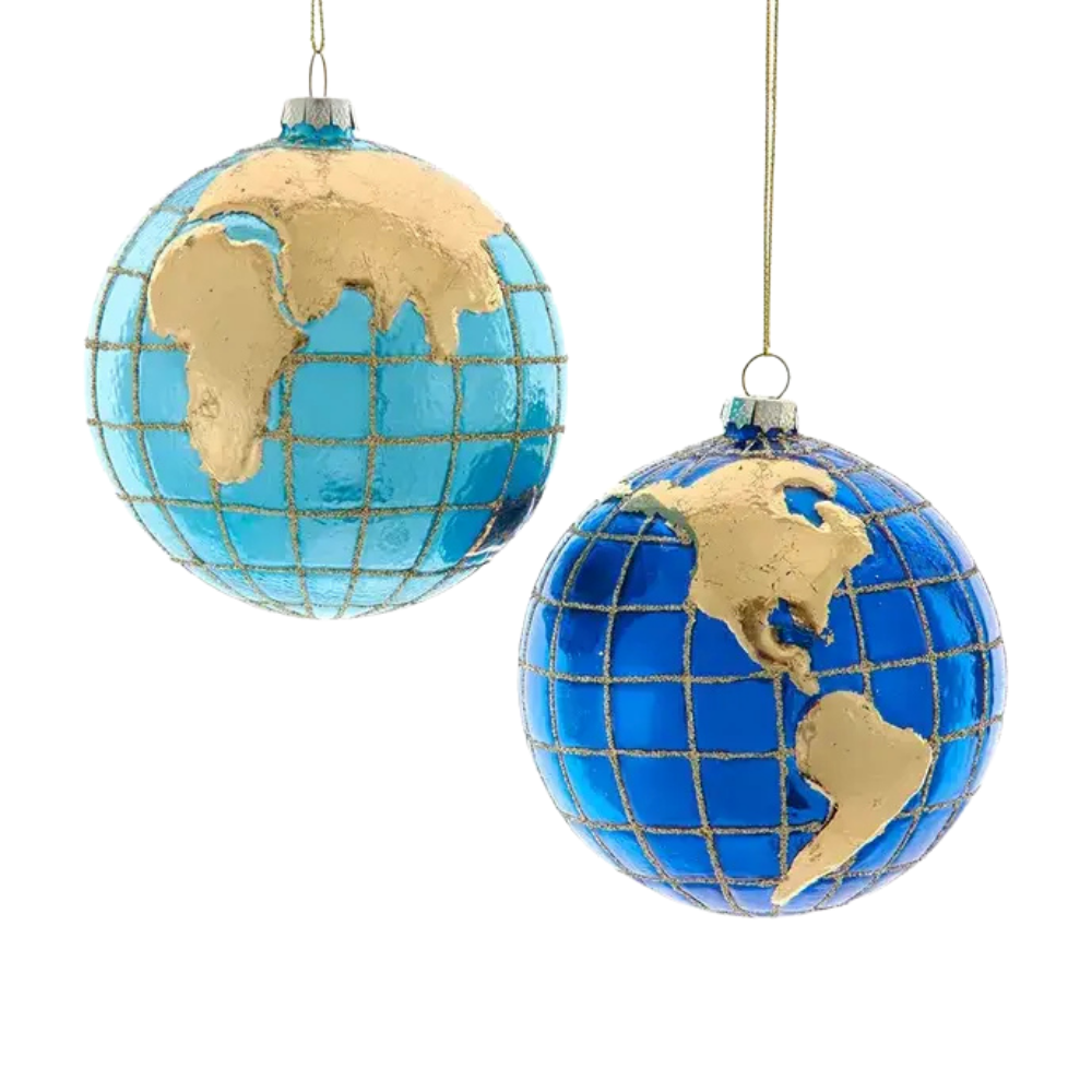 Two blue globe ornaments with gold accents on a white background