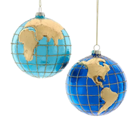 Two blue globe ornaments with gold accents on a white background