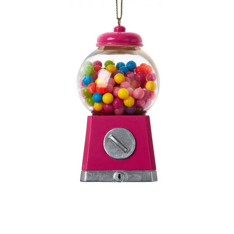 Pink gumball machine with colorful gumballs on a white background