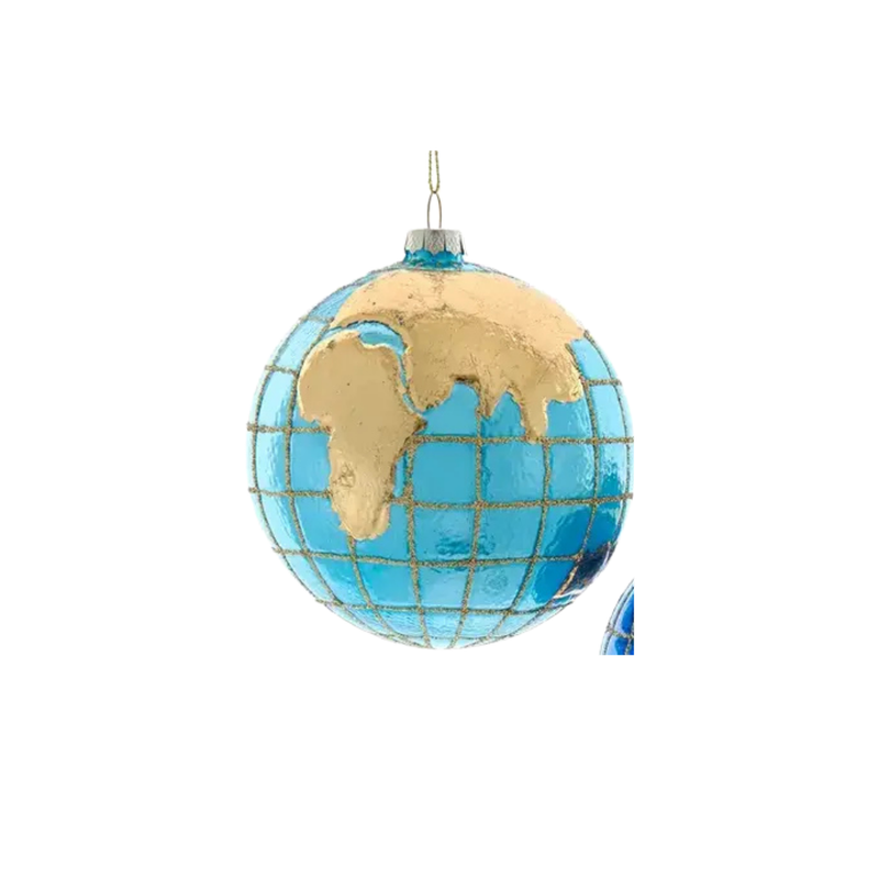Decorative ornament shaped like a globe with blue and gold colors on a white background