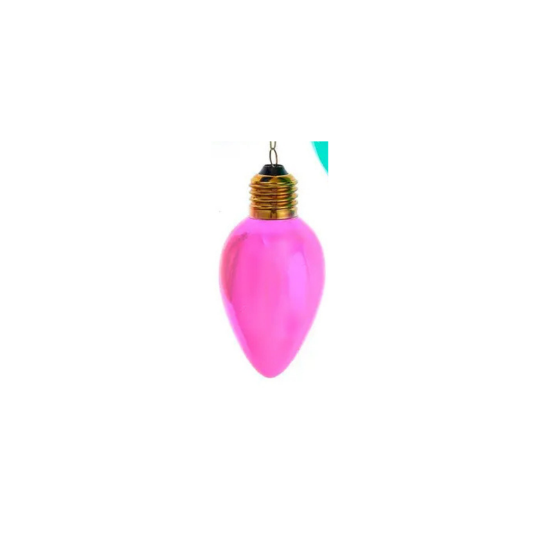 Pink light bulb-shaped ornament on a white background
