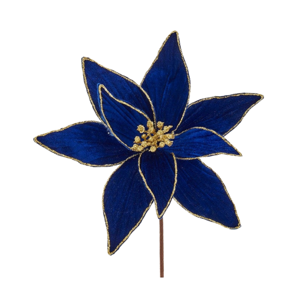 Blue flower with gold accents on a white background