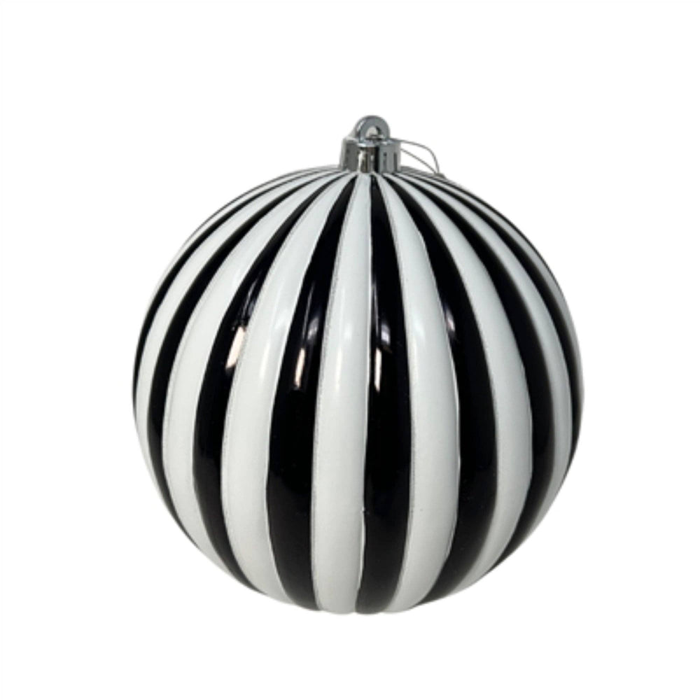 Black and white striped Christmas ornament on a white background