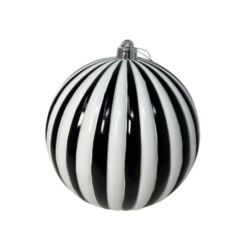 Black and white striped Christmas ornament on a white background