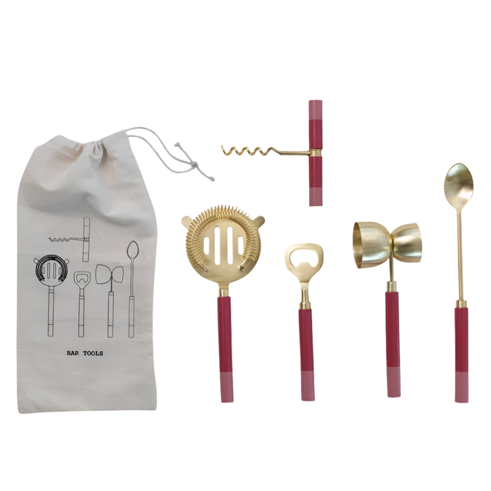 Set of bar tools with red handles and a carrying bag on a white background