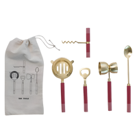 Set of bar tools with red handles and a carrying bag on a white background