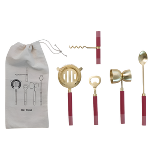 Set of bar tools with red handles and a carrying bag on a white background