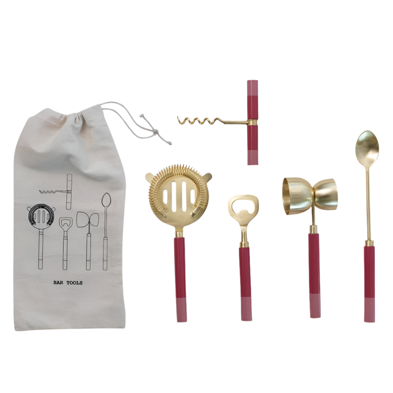 Set of bar tools with red handles and a carrying bag on a white background