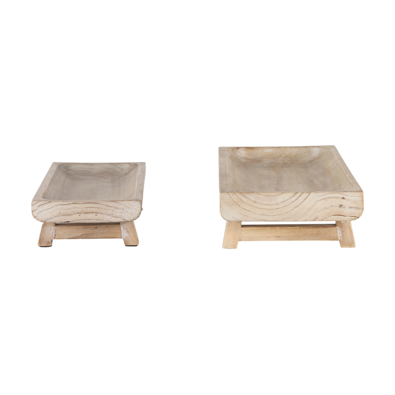 Set of 2 White Washed Wood Trays