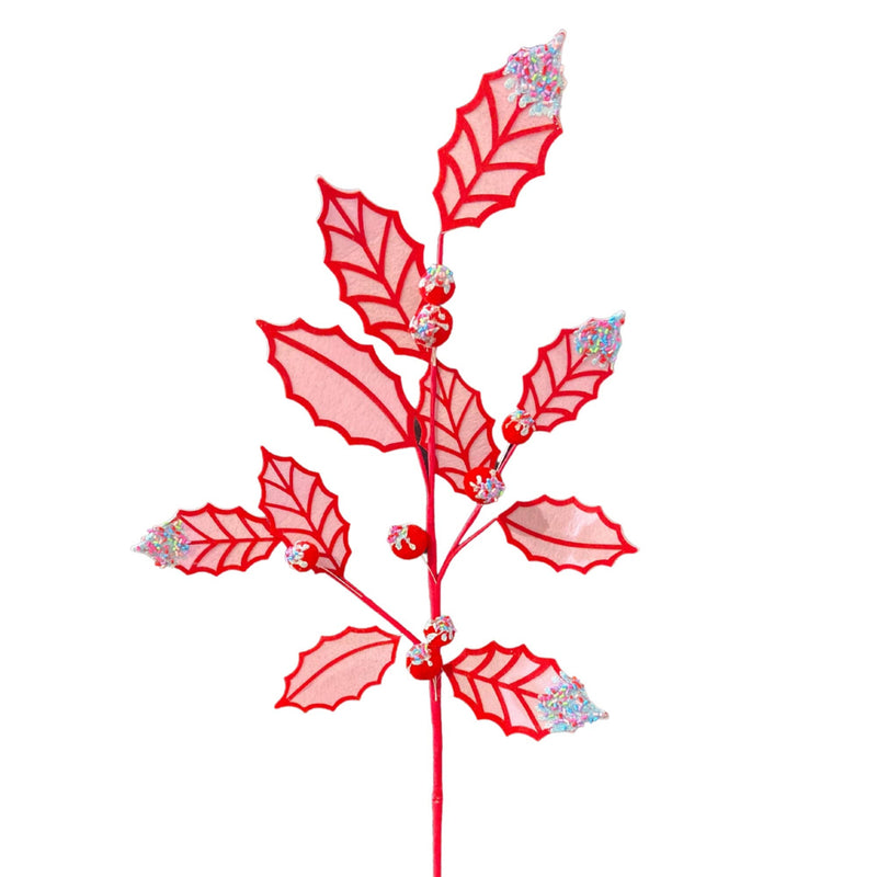 Decorative red holly branch with berries on a white background