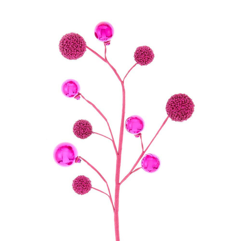 Decorative branch with pink and purple spherical ornaments on a white background