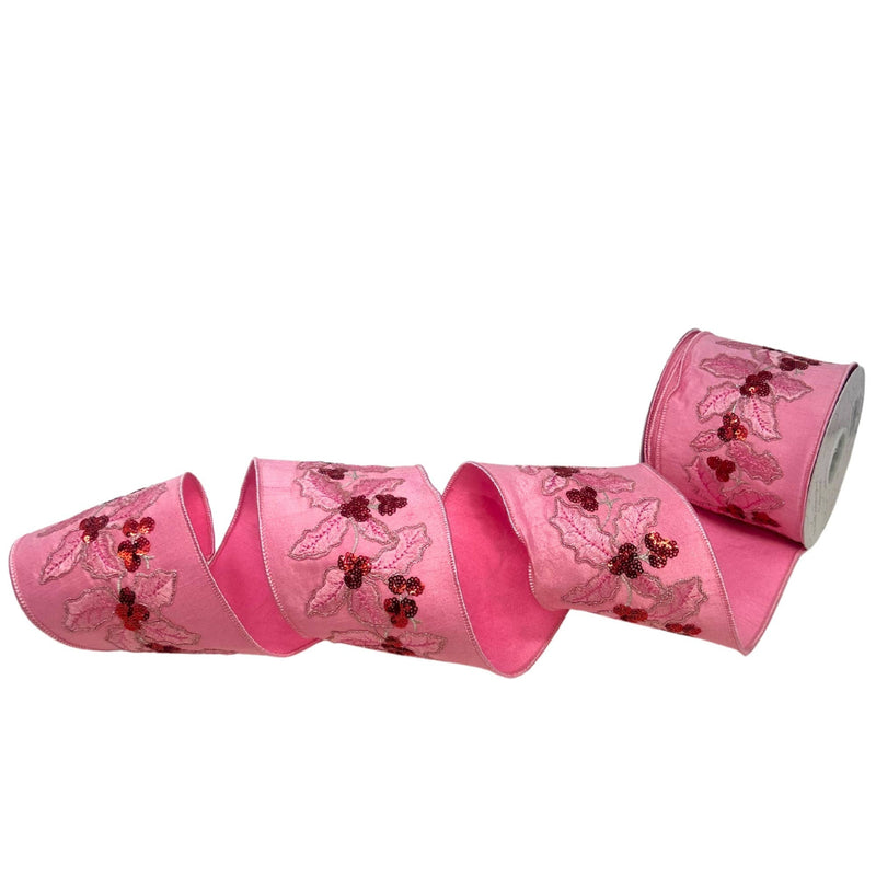 Pink ribbon with floral patterns on a white background