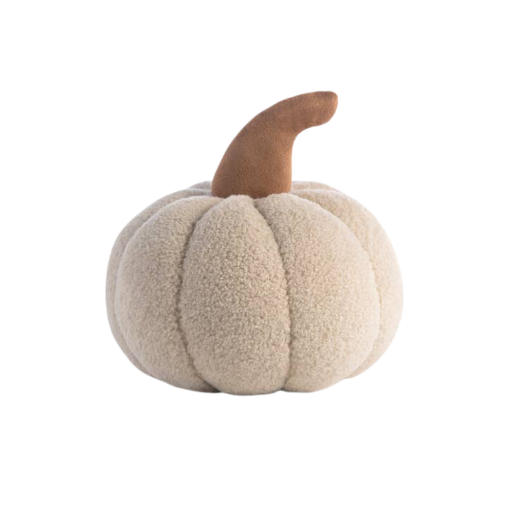 A medium-sized, ivory-colored Sherpa pumpkin pillow with a plush texture and a pumpkin design on top.