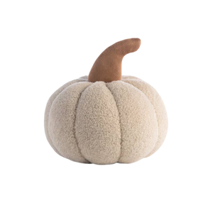A medium-sized, ivory-colored Sherpa pumpkin pillow with a plush texture and a pumpkin design on top.