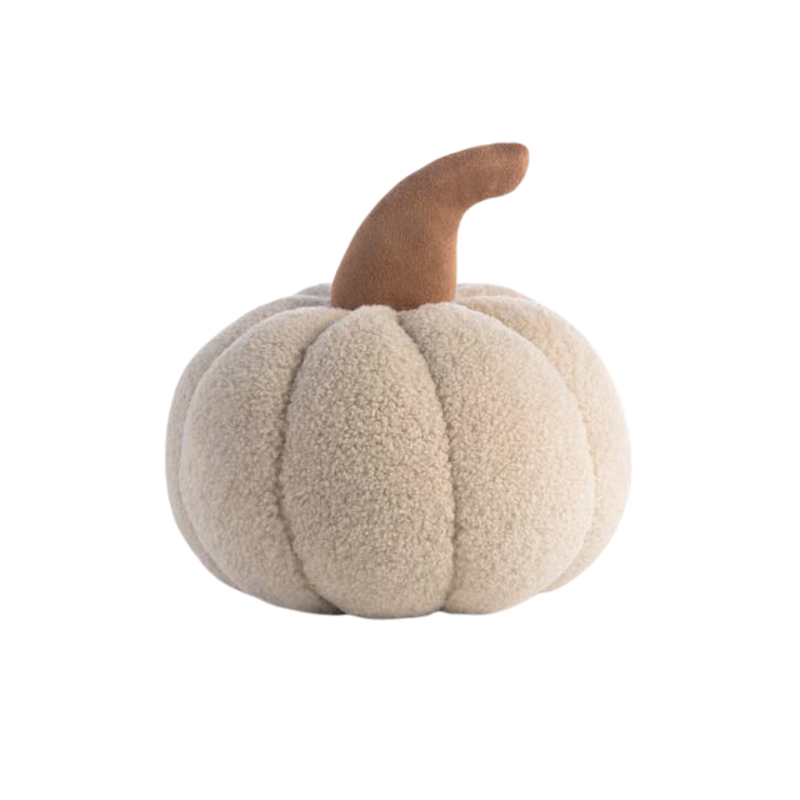 A medium-sized, ivory-colored Sherpa pumpkin pillow with a plush texture and a pumpkin design on top.