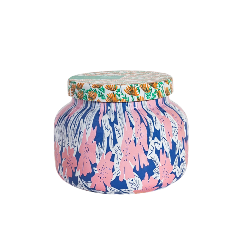 Colorful floral-patterned jar on a white background