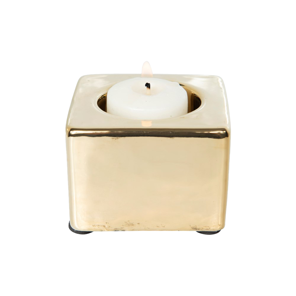 3" Square x 2"H Terra-cotta Tealight Holder, Gold Electroplated, Distressed Finish-Candle Holder-Dwell Chic