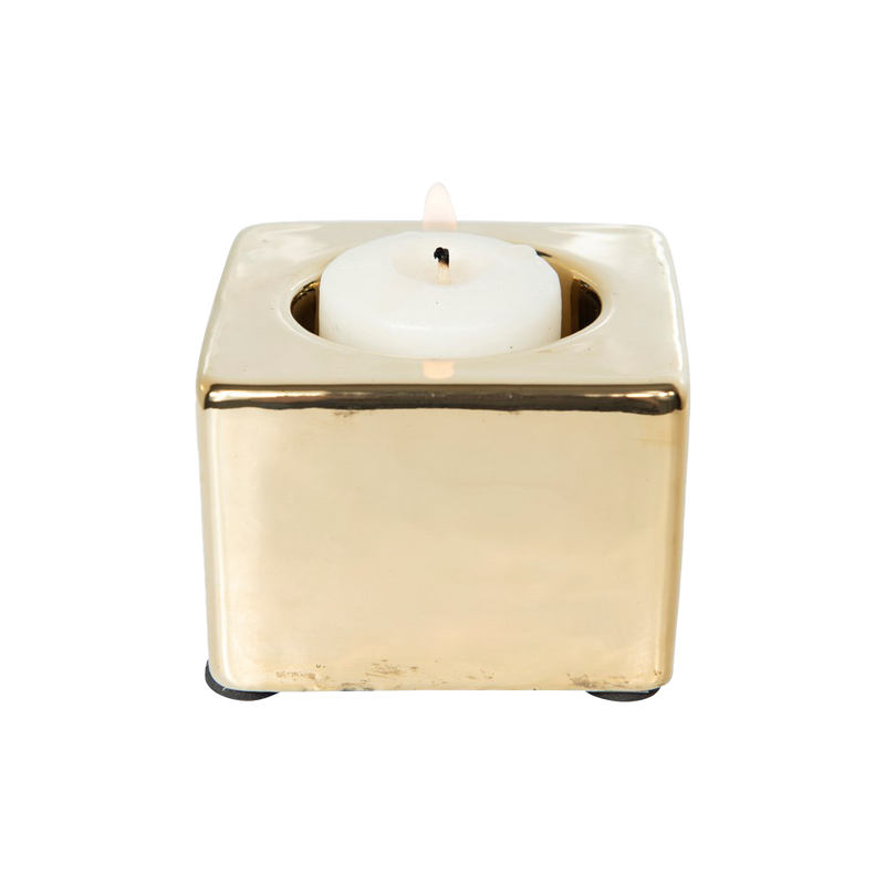 3" Square x 2"H Terra-cotta Tealight Holder, Gold Electroplated, Distressed Finish-Candle Holder-Dwell Chic